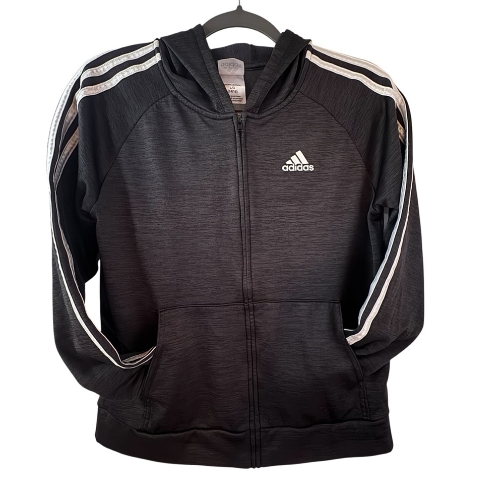 Adidas Kids 3 stripe Dark Heather gray and White Zip-Up Hoodie Jacket - Picture 2 of 5